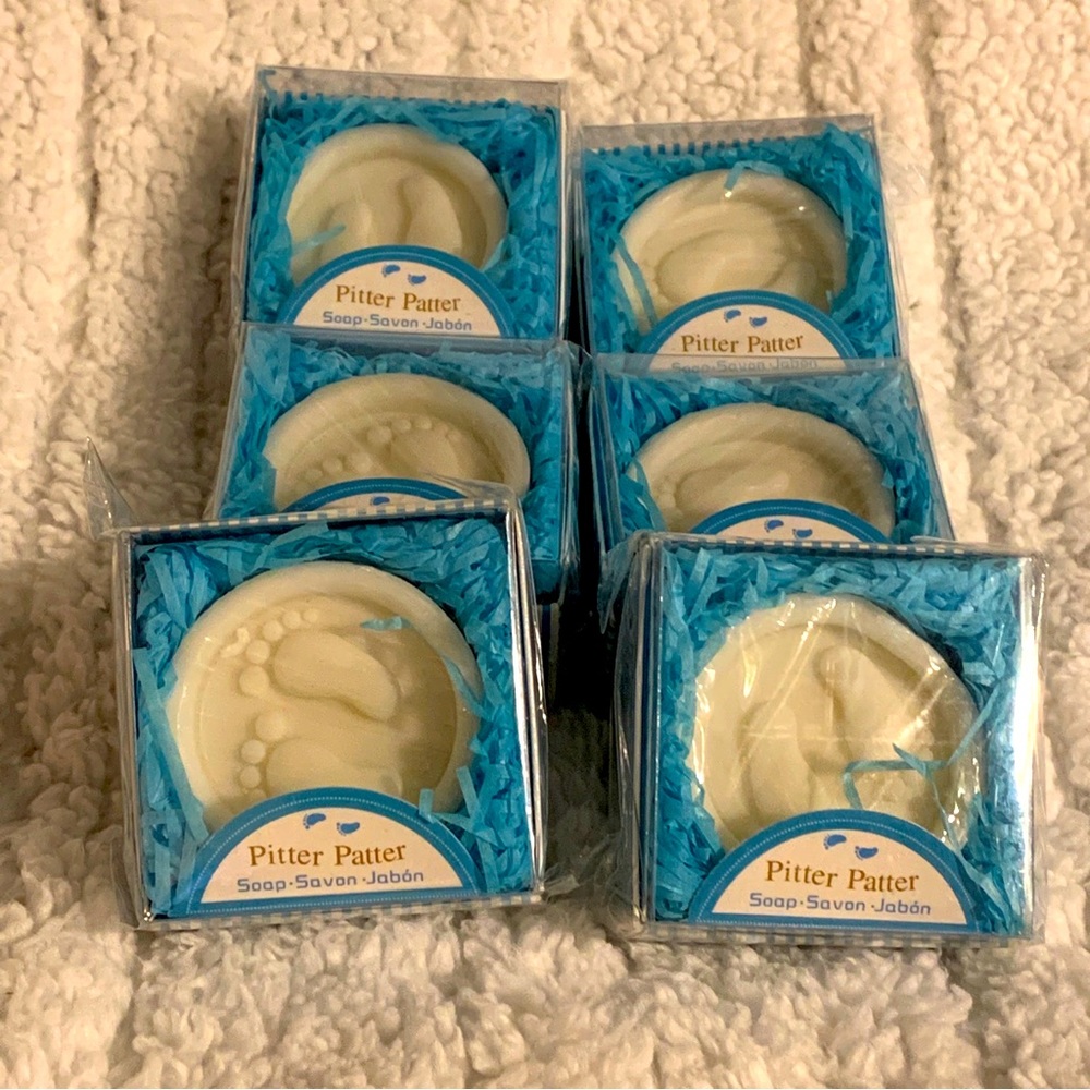 Pitter Patter Baby Feet Soap, 6 wrapped gift boxes w/ blue covering.